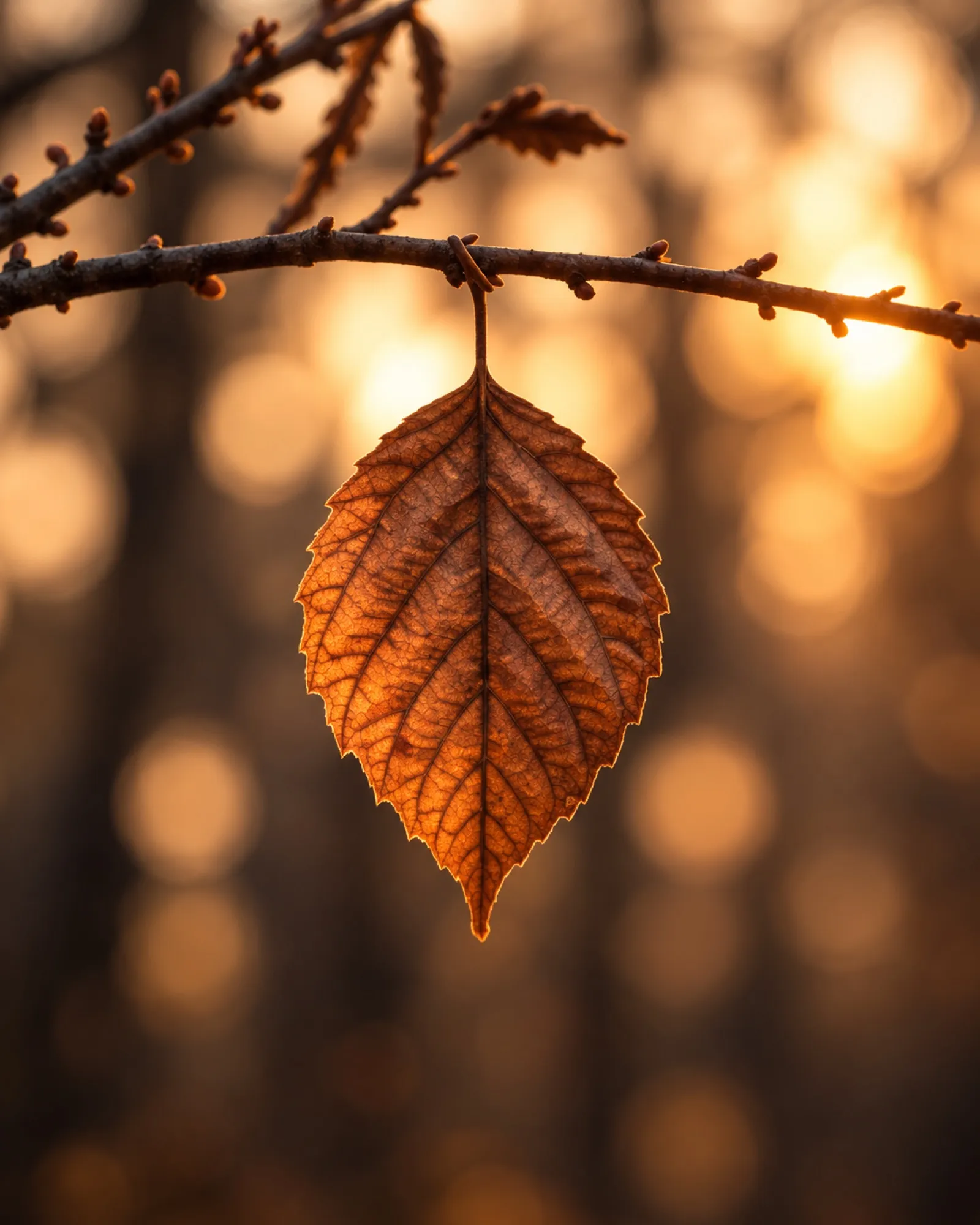 Une feuille d'automne suspendue à une branche nue, dans la lumière du soir