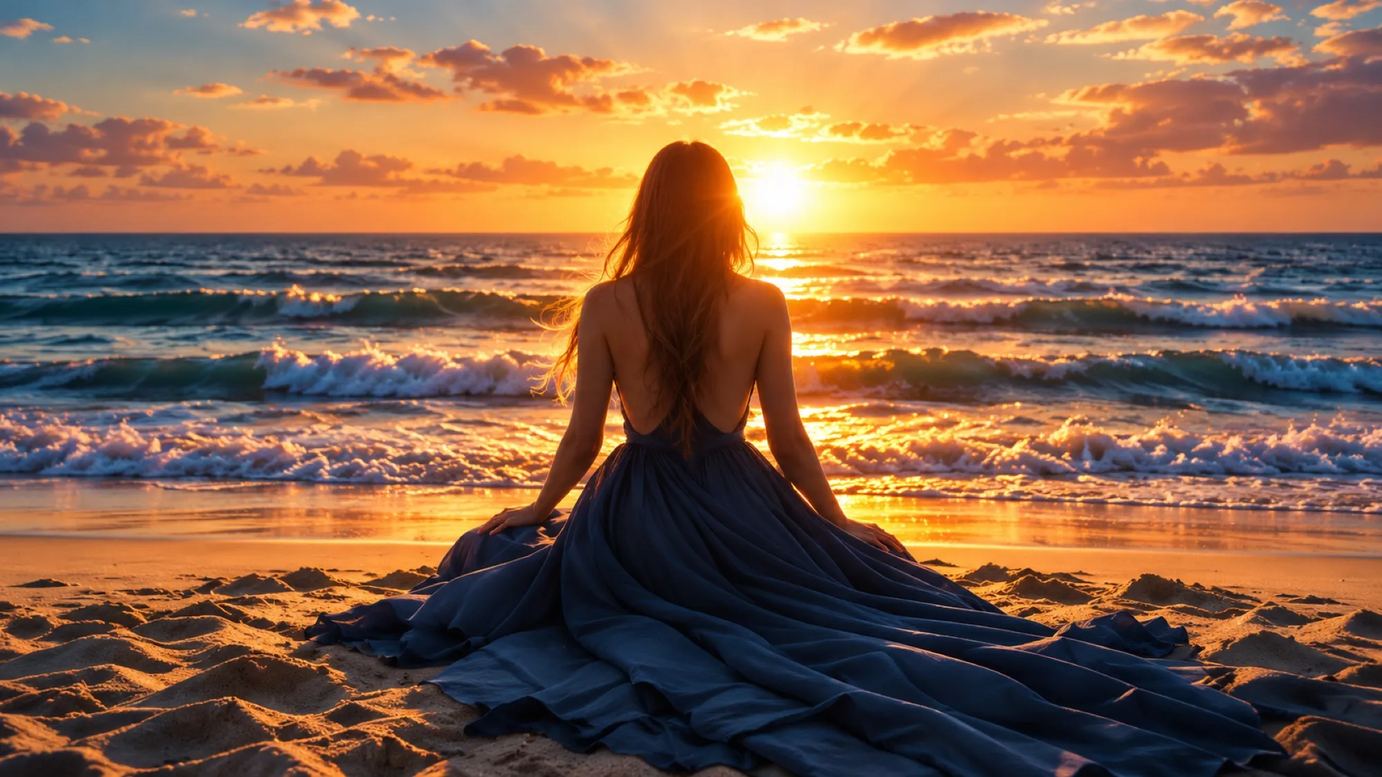 Une femme assise face à la mer au coucher du soleil