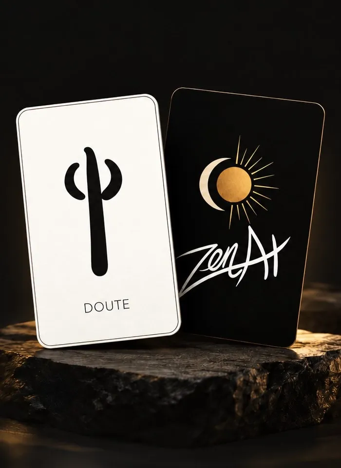 Deux cartes Zenat : l’attitude Doute et le dos noir et or de la carte Zenat