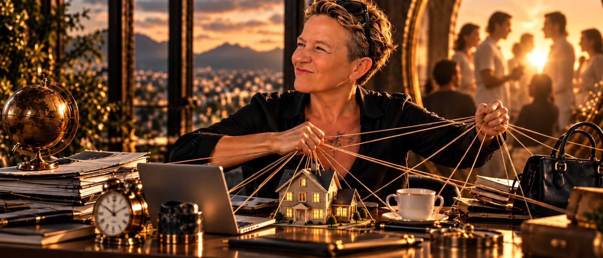 Nathalie Sauvé, souriante, tenant entre ses mains des dizaines de fils tendus