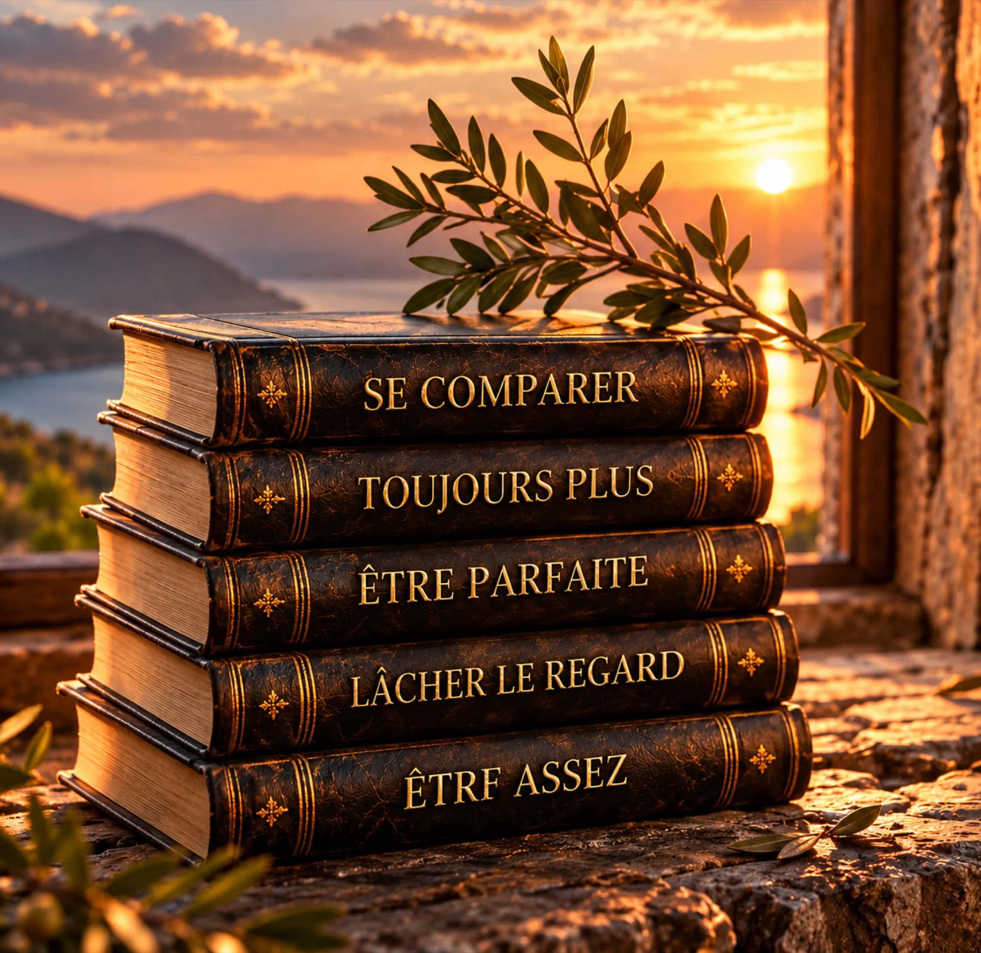 Une pile de livres portant les mots se comparer, toujours plus, être parfaite, lâcher le regard et être assez
