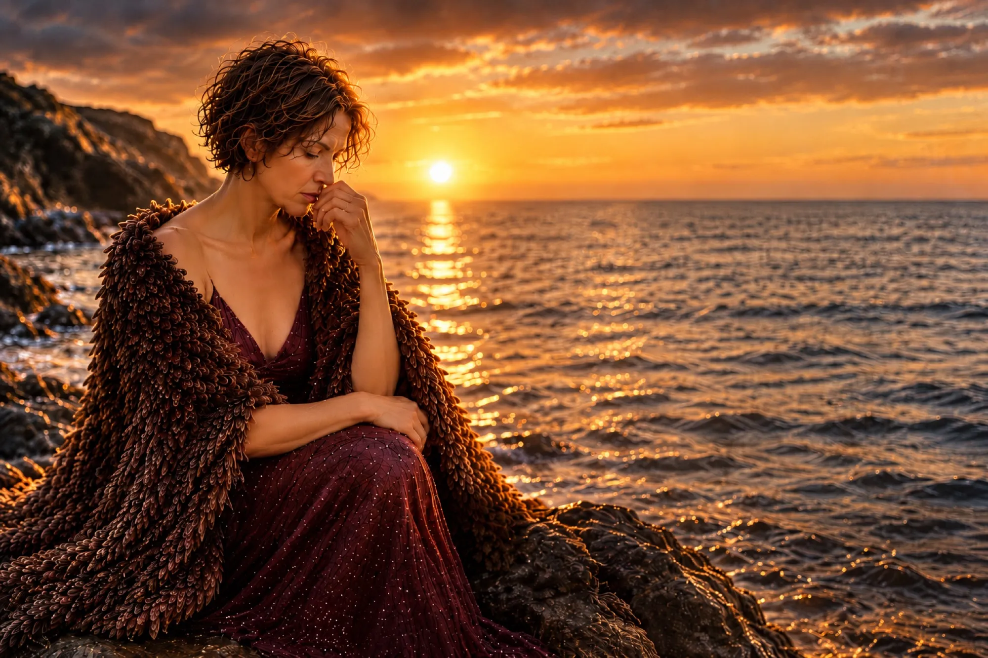 Une femme pensive, assise face à la mer au coucher du soleil