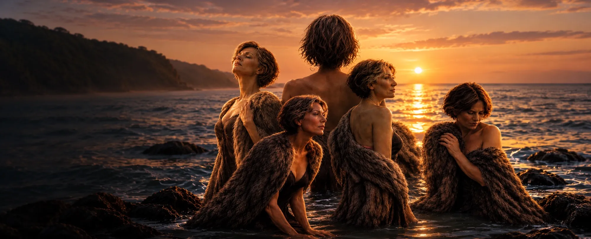 Plusieurs femmes enveloppées de peaux de phoque, face à la mer au coucher du soleil