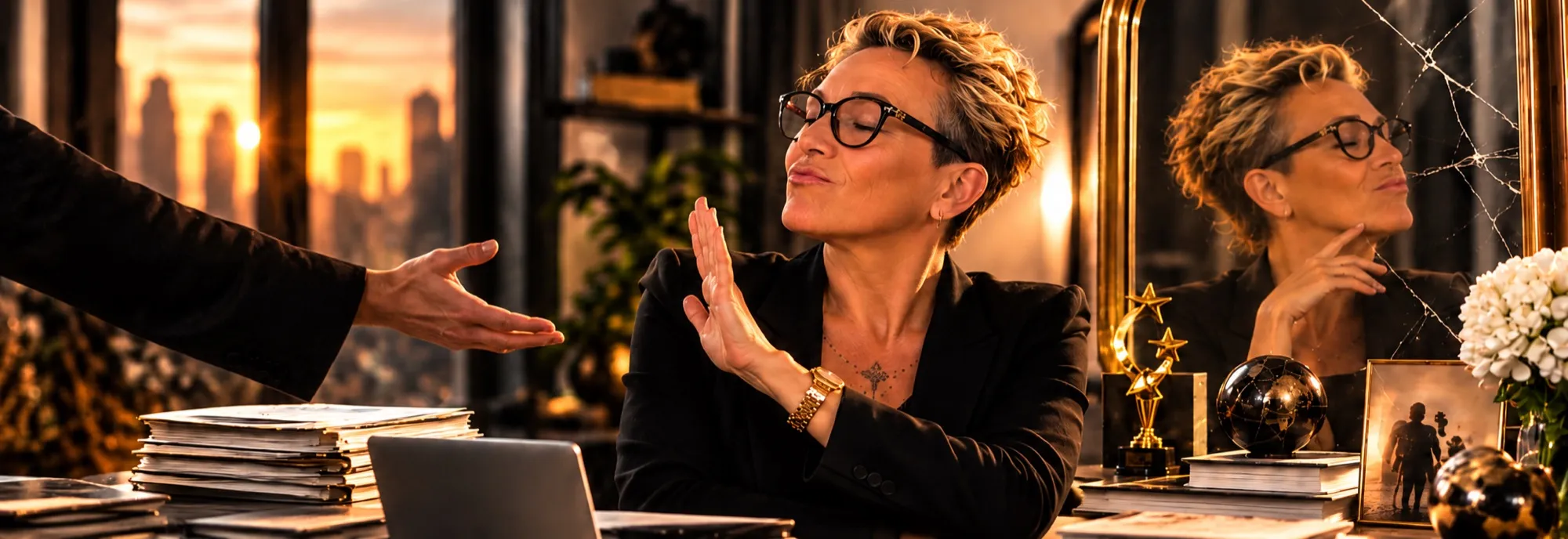 Nathalie Sauvé, les yeux fermés, levant la main devant son reflet dans un miroir