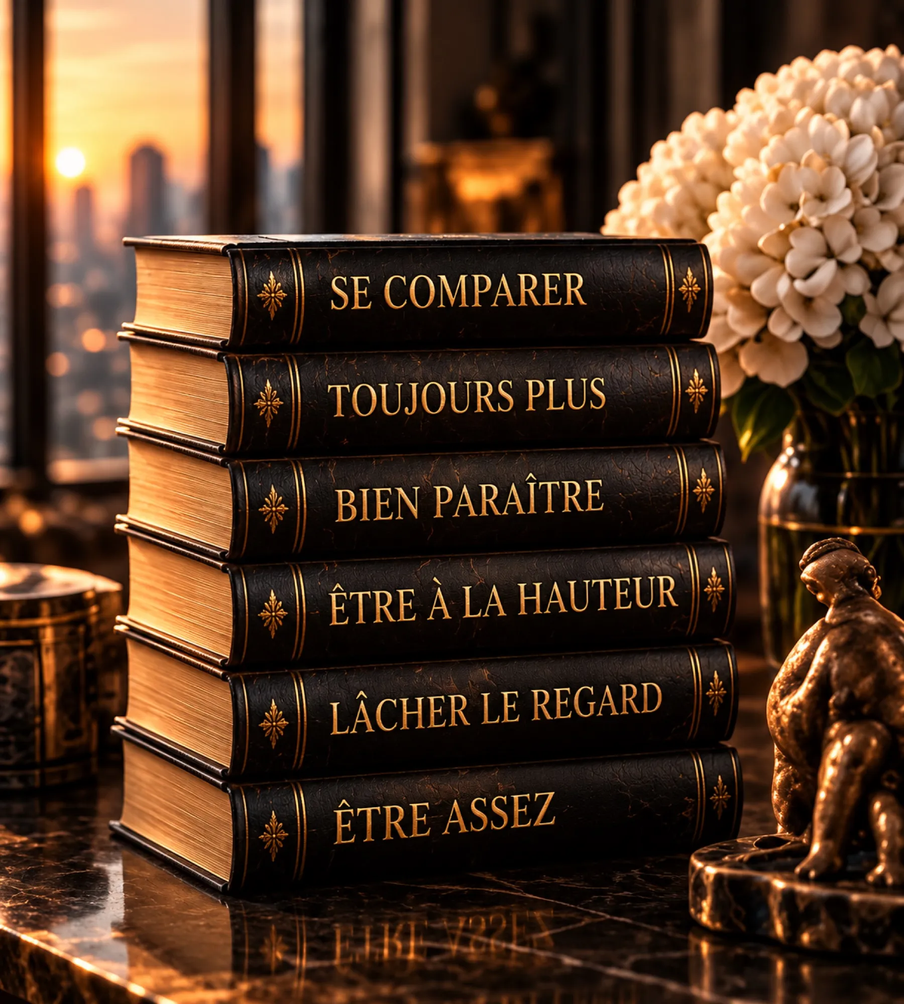 Une pile de livres portant les mots se comparer, toujours plus, bien paraître, être à la hauteur, lâcher le regard et être assez