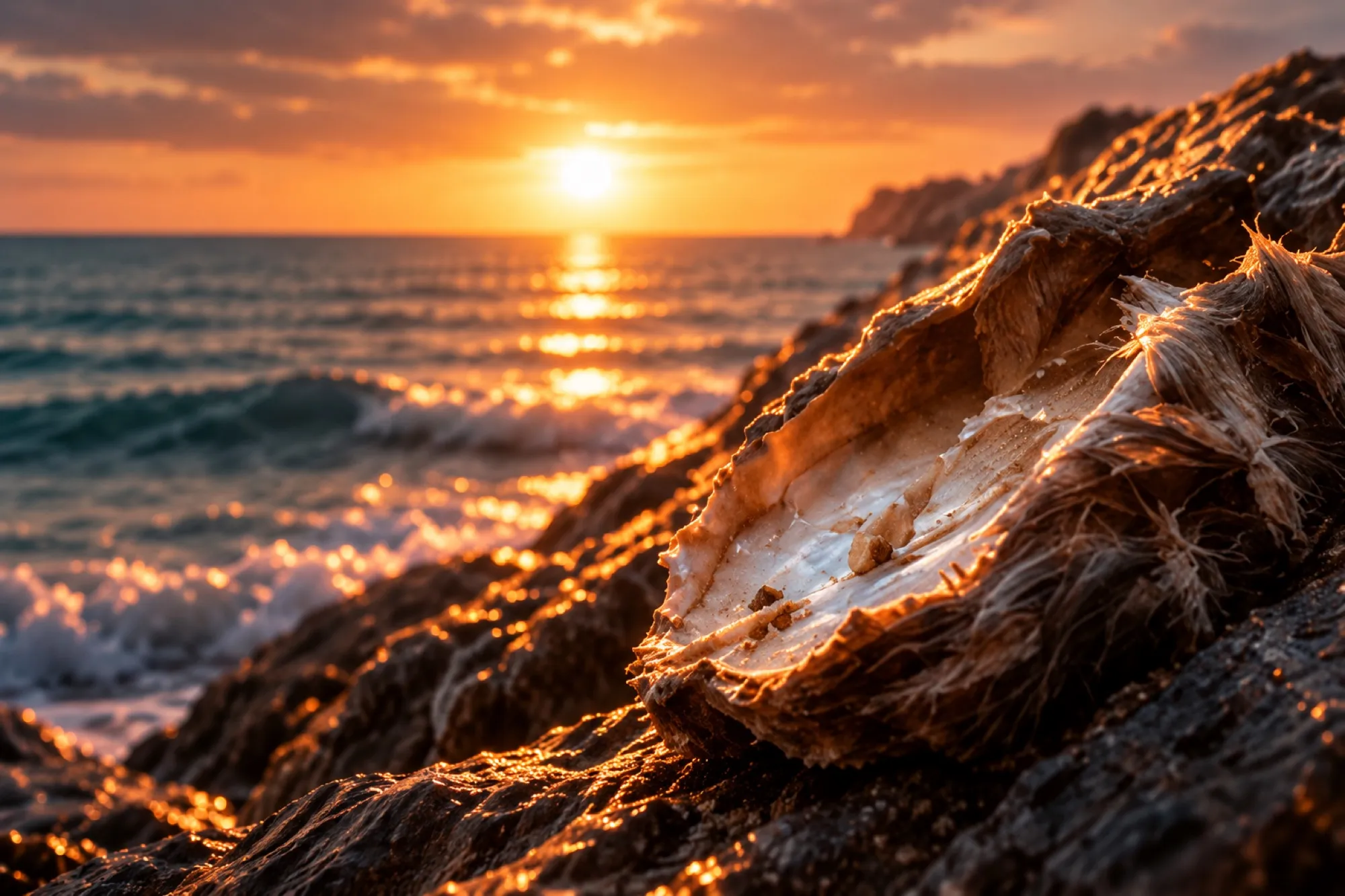 Une peau de phoque posée sur un rocher, au bord de la mer au coucher du soleil