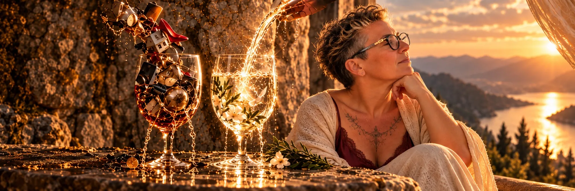 Nathalie Sauvé, songeuse, près de deux verres de cristal devant un lac au coucher du soleil