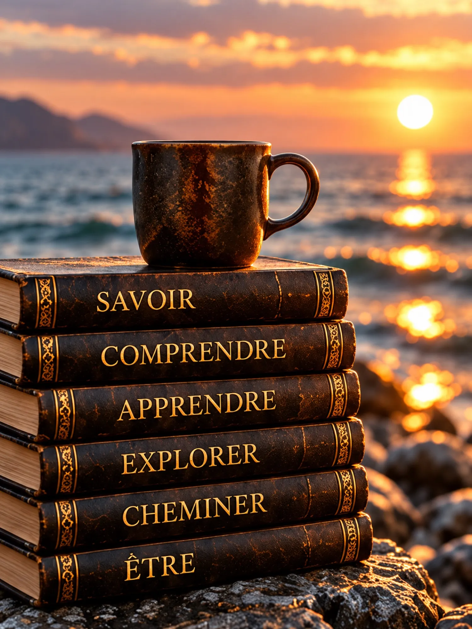 Une pile de livres portant les mots savoir, comprendre, apprendre, explorer, cheminer et être, surmontée d'une tasse, face à la mer