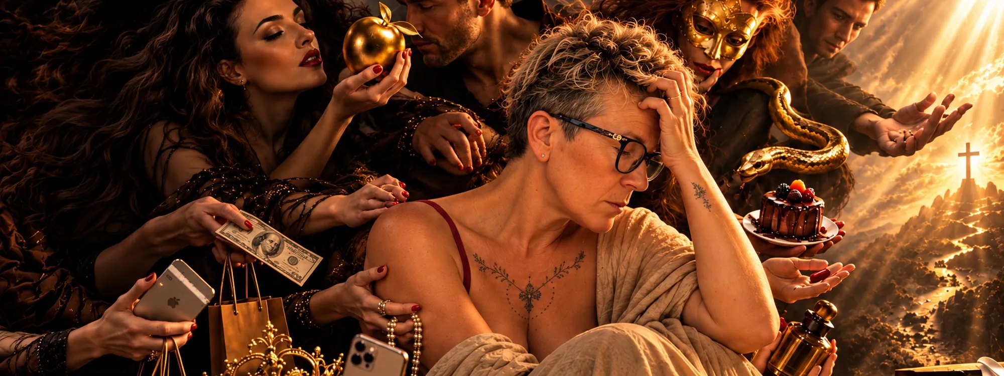 Nathalie Sauvé, la tête dans la main, entourée de mains qui lui tendent des tentations