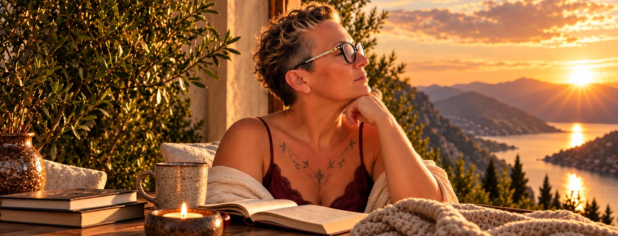 Nathalie Sauvé, pensive, accoudée devant un lac de montagne au coucher du soleil