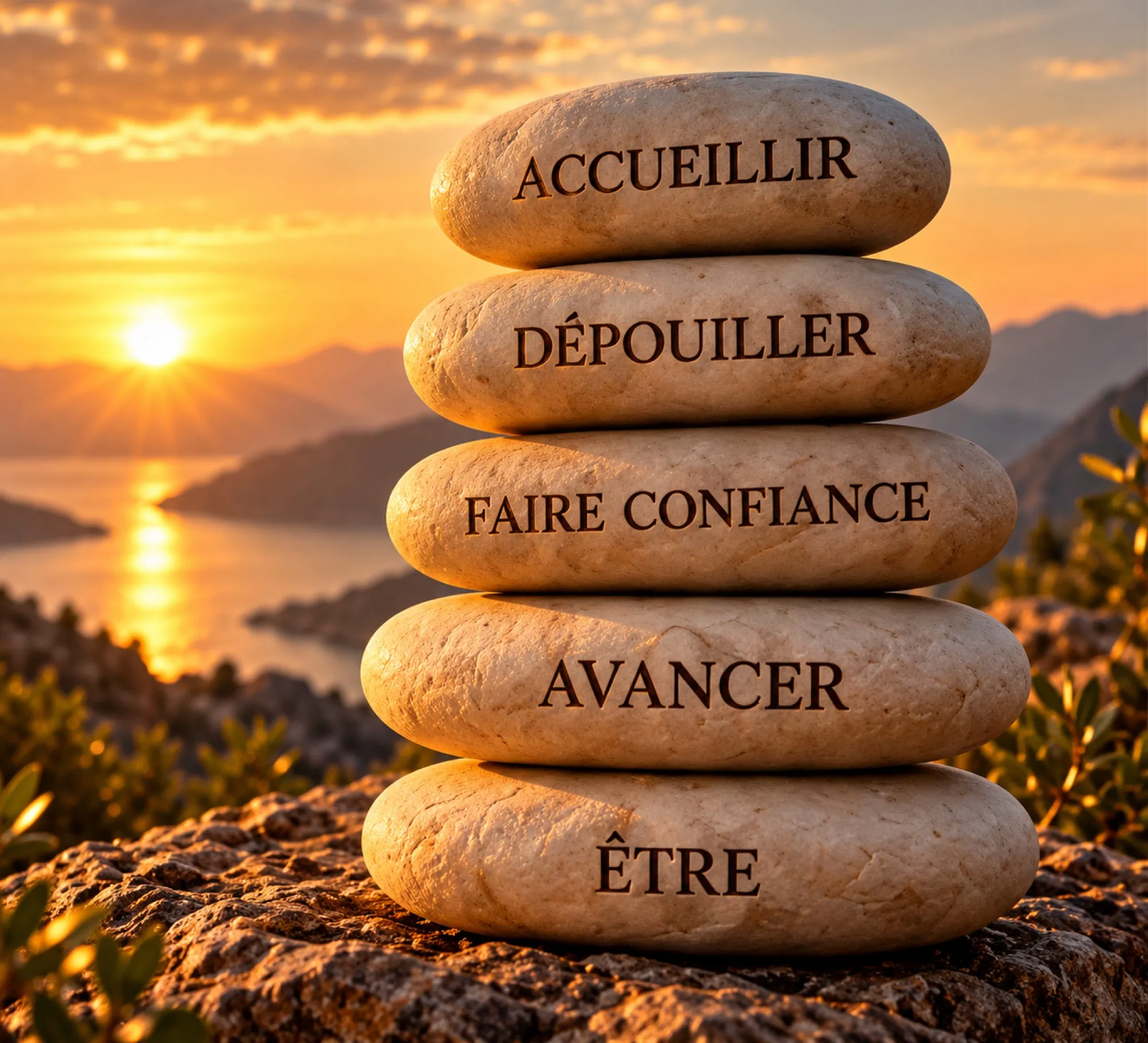 Des galets empilés portant les mots accueillir, dépouiller, faire confiance, avancer et être, au bord de l'eau