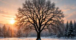 Un arbre dénudé dans un champ enneigé, au soleil couchant
