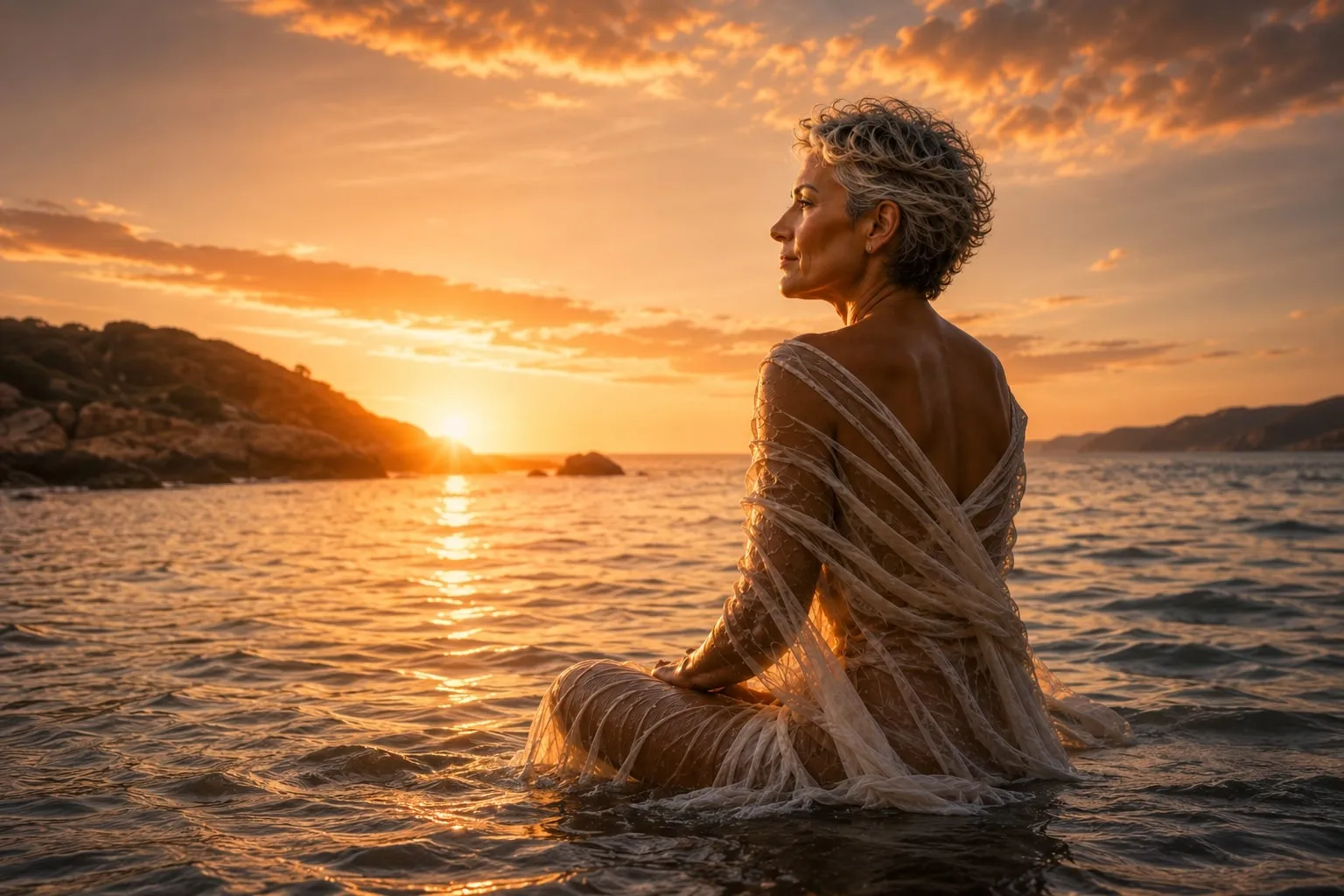 Une femme aux cheveux courts assise dans la mer, face au soleil couchant